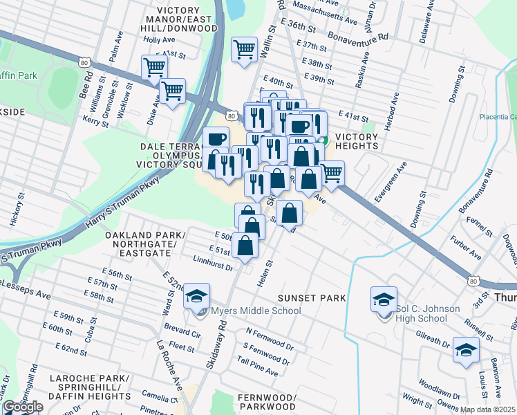 map of restaurants, bars, coffee shops, grocery stores, and more near 3009 Skidaway Road in Savannah
