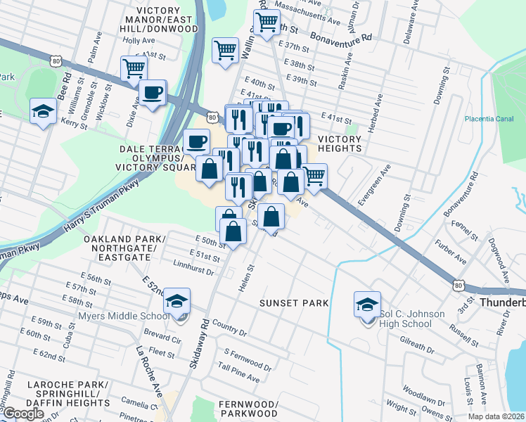 map of restaurants, bars, coffee shops, grocery stores, and more near 2108 Colorado Avenue in Savannah