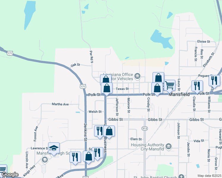 map of restaurants, bars, coffee shops, grocery stores, and more near Texas St & Adams St in Mansfield