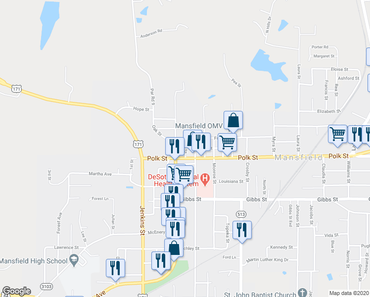 map of restaurants, bars, coffee shops, grocery stores, and more near Texas St & Adams St in Mansfield