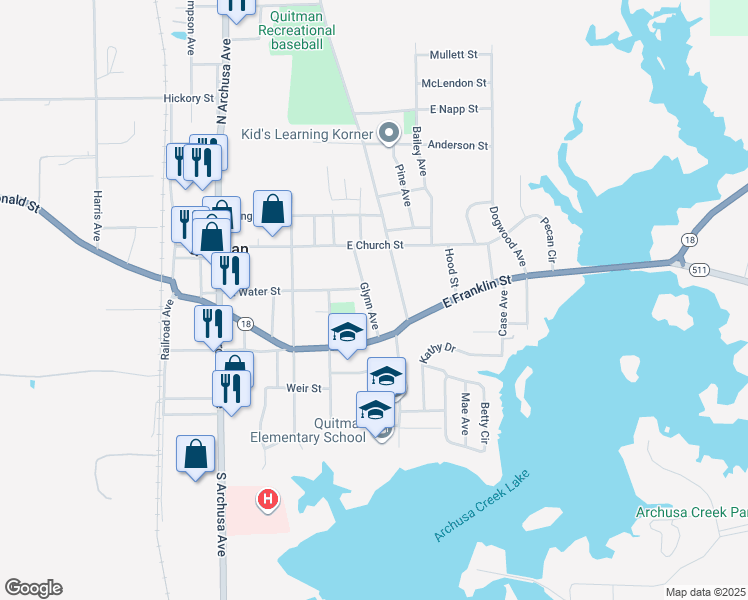 map of restaurants, bars, coffee shops, grocery stores, and more near 200-212 Glynn Avenue in Quitman