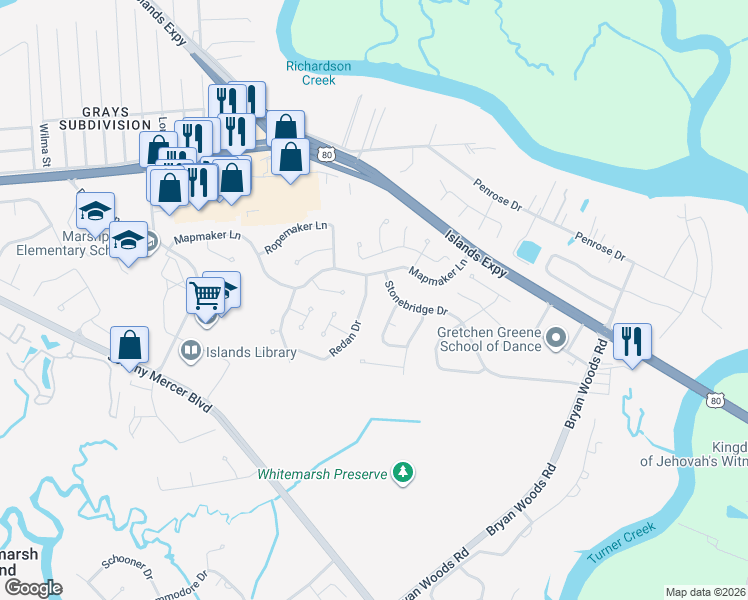 map of restaurants, bars, coffee shops, grocery stores, and more near 109 Stonebridge Drive in Savannah