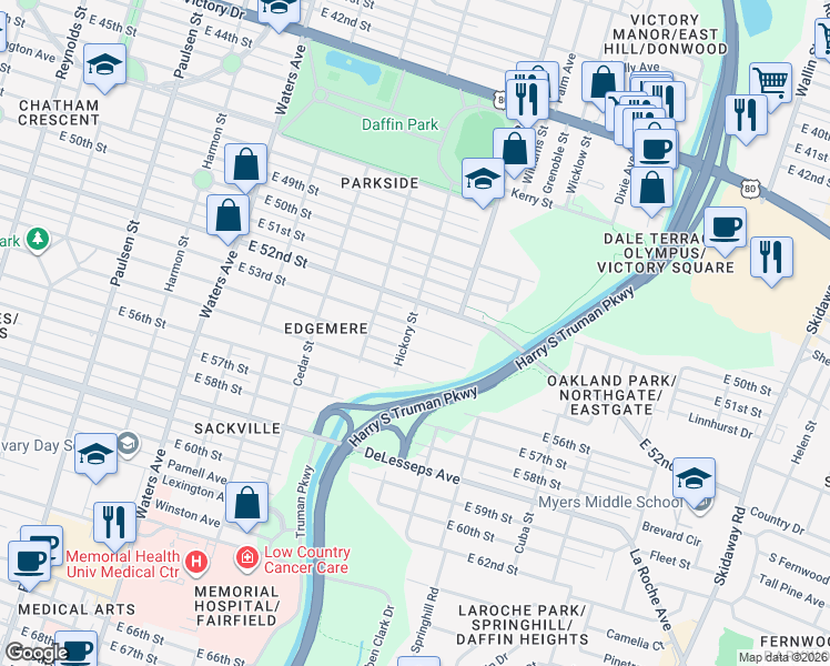 map of restaurants, bars, coffee shops, grocery stores, and more near 1501 East 53rd Street in Savannah