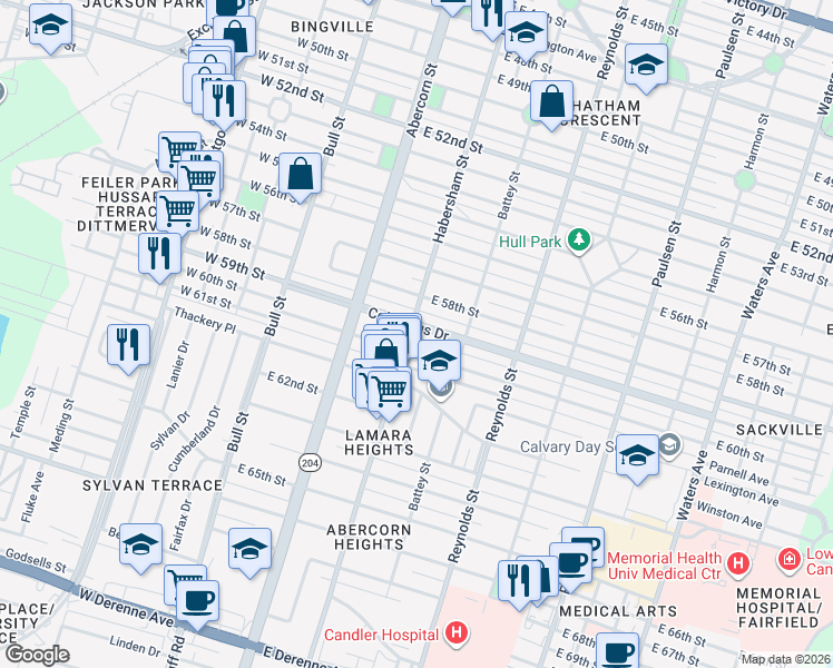 map of restaurants, bars, coffee shops, grocery stores, and more near 201 Columbus Drive in Savannah