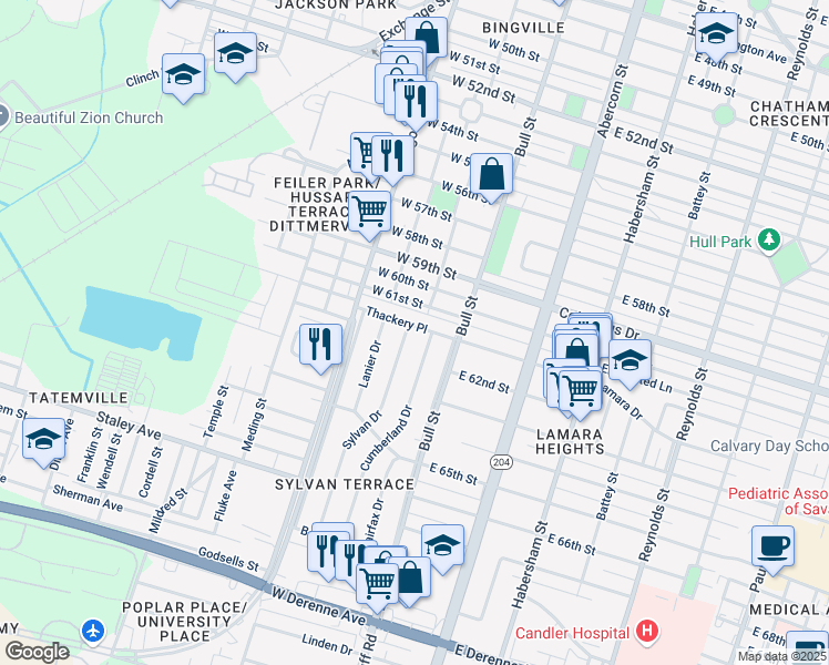 map of restaurants, bars, coffee shops, grocery stores, and more near 4602 Sylvan Drive in Savannah