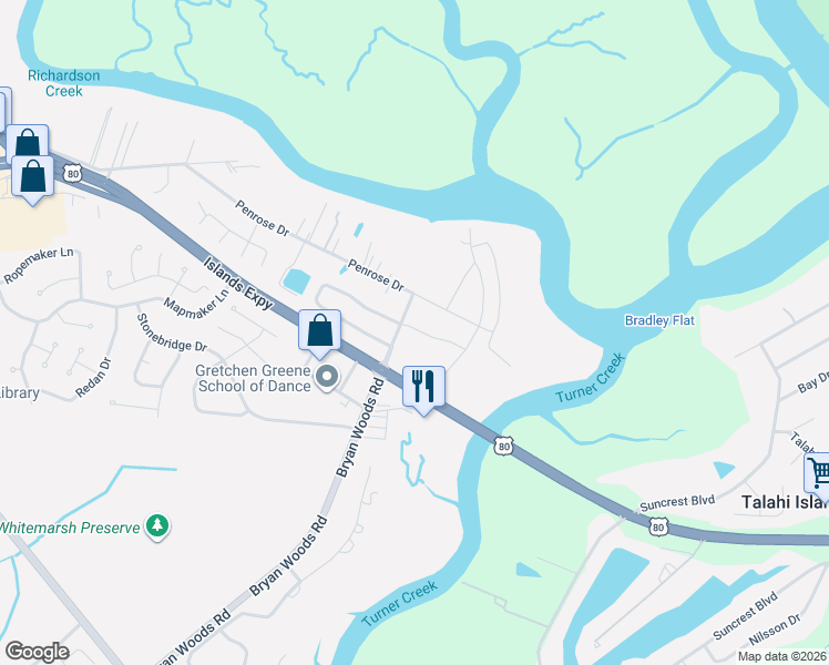 map of restaurants, bars, coffee shops, grocery stores, and more near 72 Bryan Woods Road in Savannah