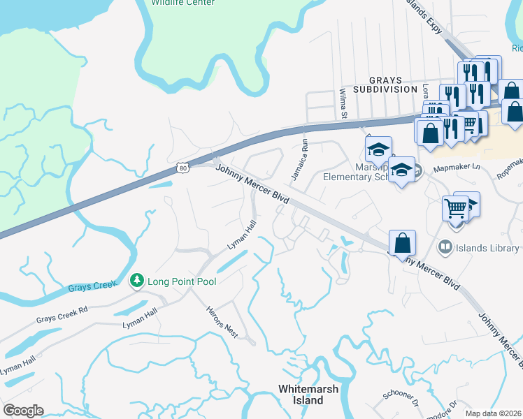 map of restaurants, bars, coffee shops, grocery stores, and more near 3 Lyman Hall in Savannah