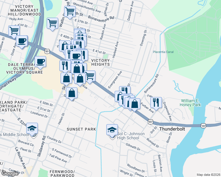 map of restaurants, bars, coffee shops, grocery stores, and more near 2646 Evergreen Avenue in Savannah