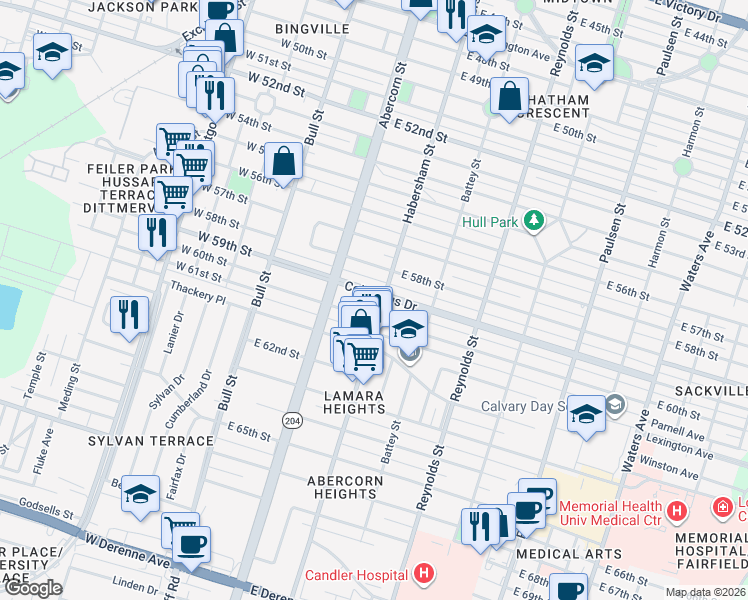 map of restaurants, bars, coffee shops, grocery stores, and more near 201 Columbus Drive in Savannah