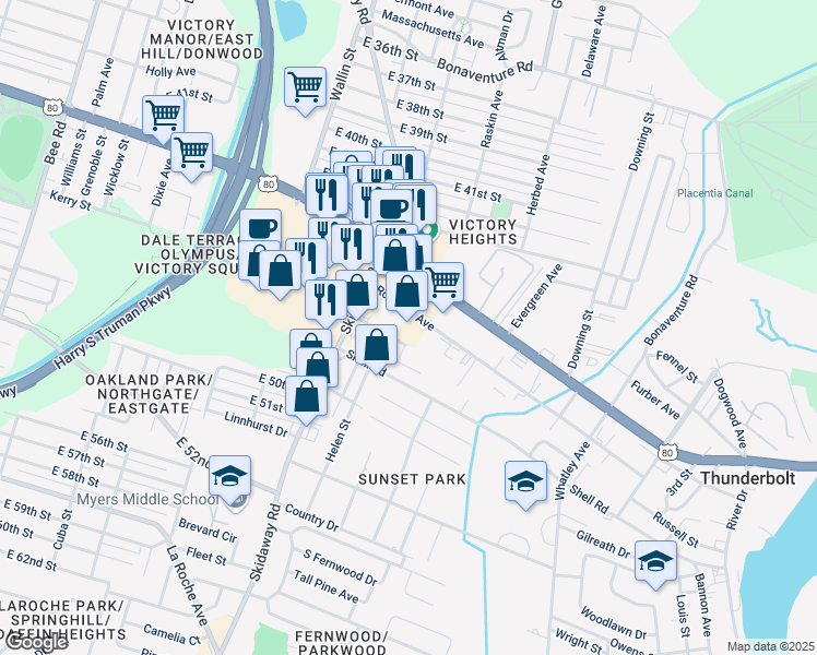 map of restaurants, bars, coffee shops, grocery stores, and more near 2141 Rowland Avenue in Savannah