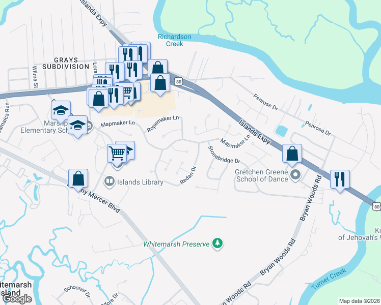 map of restaurants, bars, coffee shops, grocery stores, and more near 116 Mapmaker Cove in Savannah