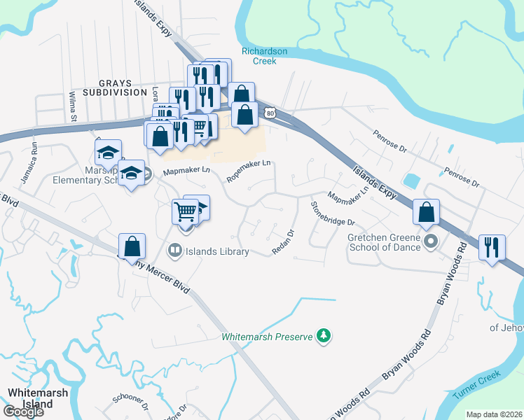 map of restaurants, bars, coffee shops, grocery stores, and more near 103 Mapmaker Cove in Savannah