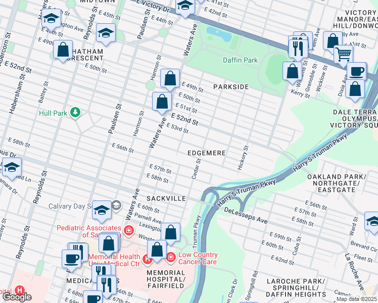 map of restaurants, bars, coffee shops, grocery stores, and more near 1226 East 55th Street in Savannah