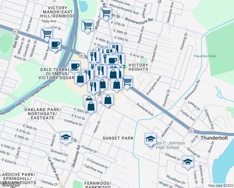 map of restaurants, bars, coffee shops, grocery stores, and more near 2141 Rowland Avenue in Savannah