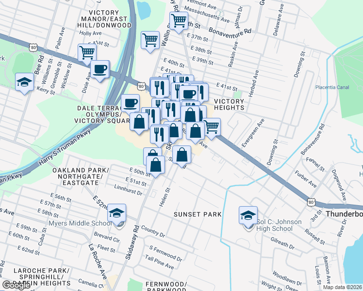 map of restaurants, bars, coffee shops, grocery stores, and more near 2108 Colorado Avenue in Savannah