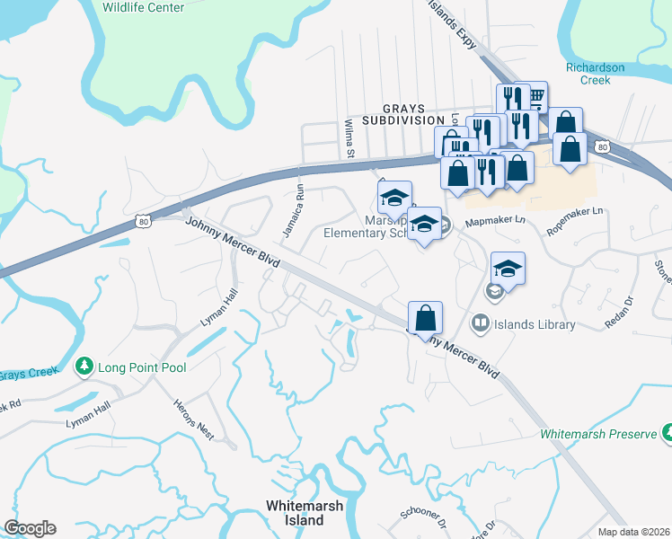 map of restaurants, bars, coffee shops, grocery stores, and more near 142 Summer Winds Drive in Savannah