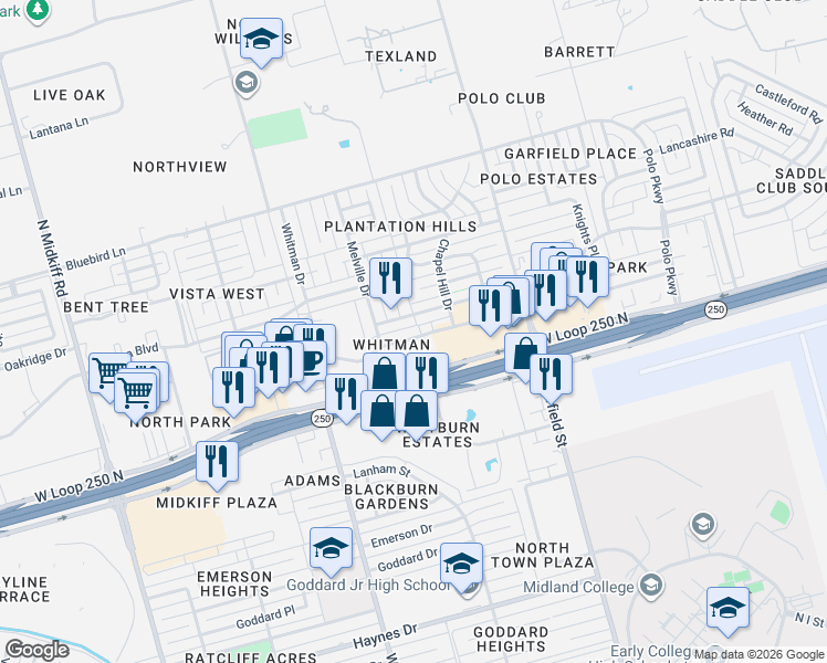 map of restaurants, bars, coffee shops, grocery stores, and more near 2508 Faulkner Dr in Midland