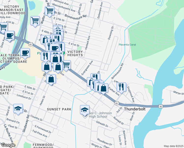 map of restaurants, bars, coffee shops, grocery stores, and more near 2327 Downing Avenue in Savannah