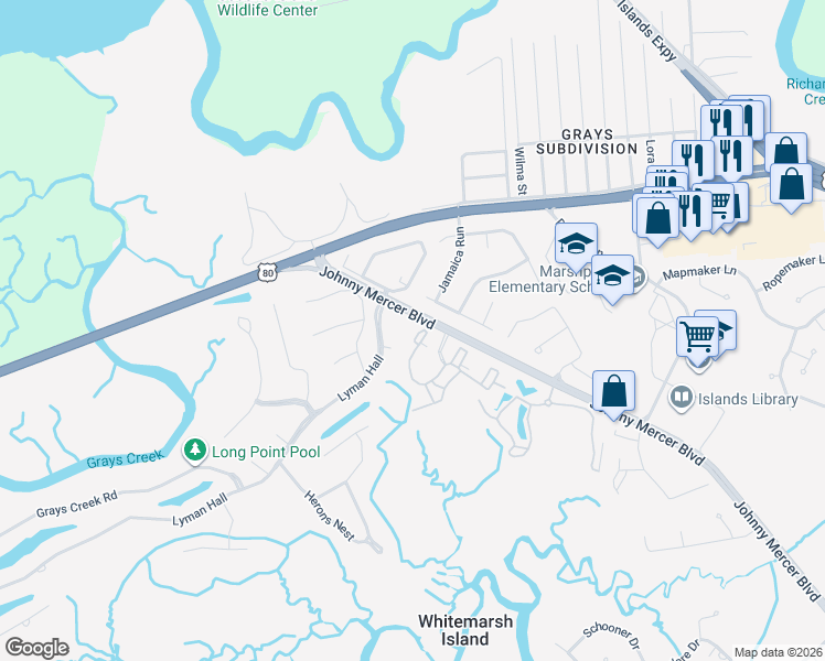 map of restaurants, bars, coffee shops, grocery stores, and more near 3 Lyman Hall in Savannah