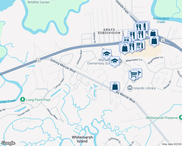 map of restaurants, bars, coffee shops, grocery stores, and more near 142 Summer Winds Drive in Savannah
