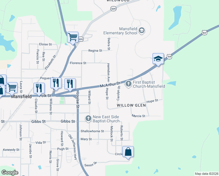 map of restaurants, bars, coffee shops, grocery stores, and more near 101 Hope Street in Mansfield
