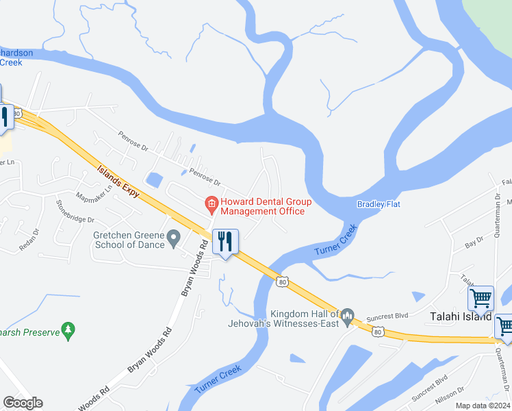 map of restaurants, bars, coffee shops, grocery stores, and more near 306 Penrose Drive in Savannah