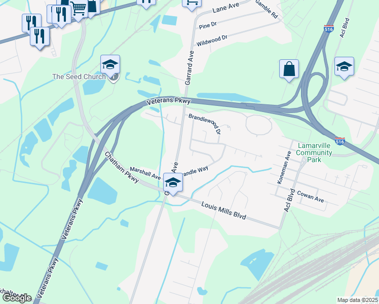 map of restaurants, bars, coffee shops, grocery stores, and more near 1 Glen Oaks Court in Savannah