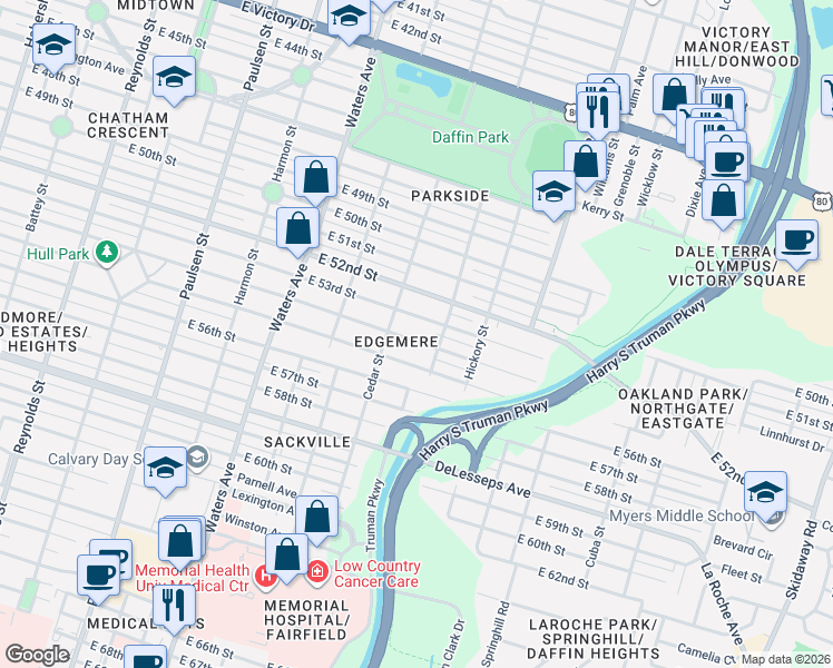 map of restaurants, bars, coffee shops, grocery stores, and more near 1313 East 54th Street in Savannah