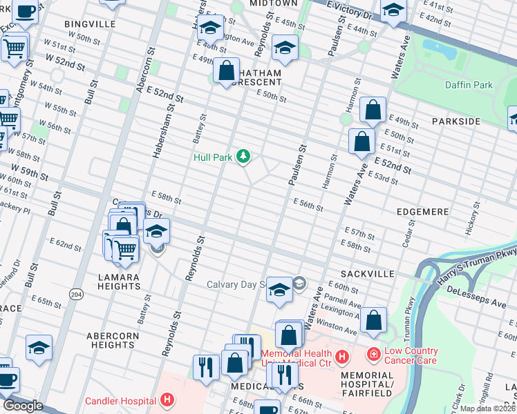 map of restaurants, bars, coffee shops, grocery stores, and more near 533 E 57th St in Savannah