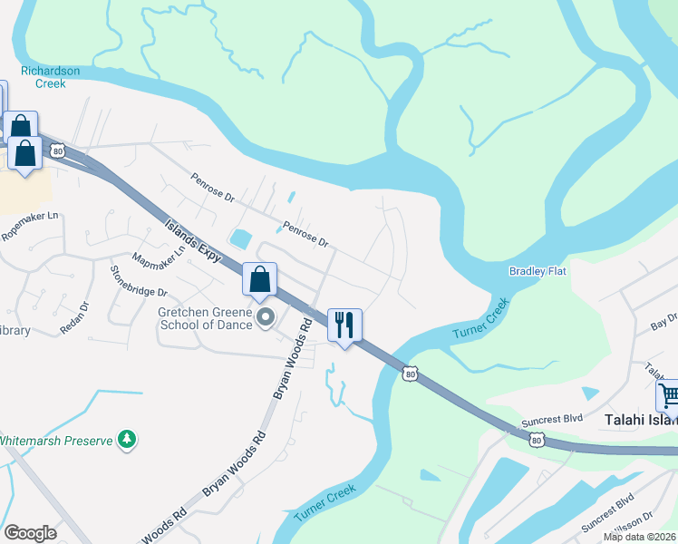 map of restaurants, bars, coffee shops, grocery stores, and more near 72 Bryan Woods Road in Savannah