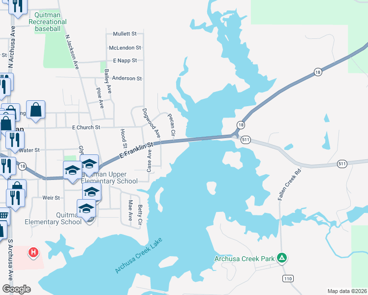 map of restaurants, bars, coffee shops, grocery stores, and more near 82-86 East Franklin Street in Quitman