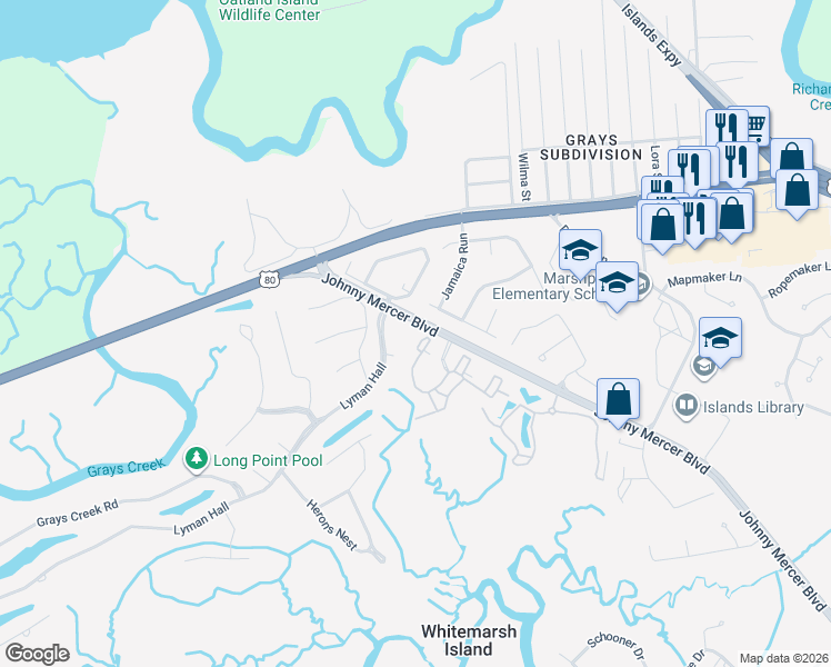 map of restaurants, bars, coffee shops, grocery stores, and more near 3 Lyman Hall in Savannah