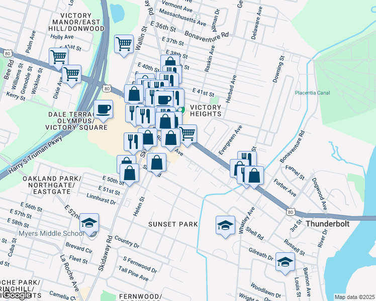 map of restaurants, bars, coffee shops, grocery stores, and more near 2223 East Victory Drive in Savannah
