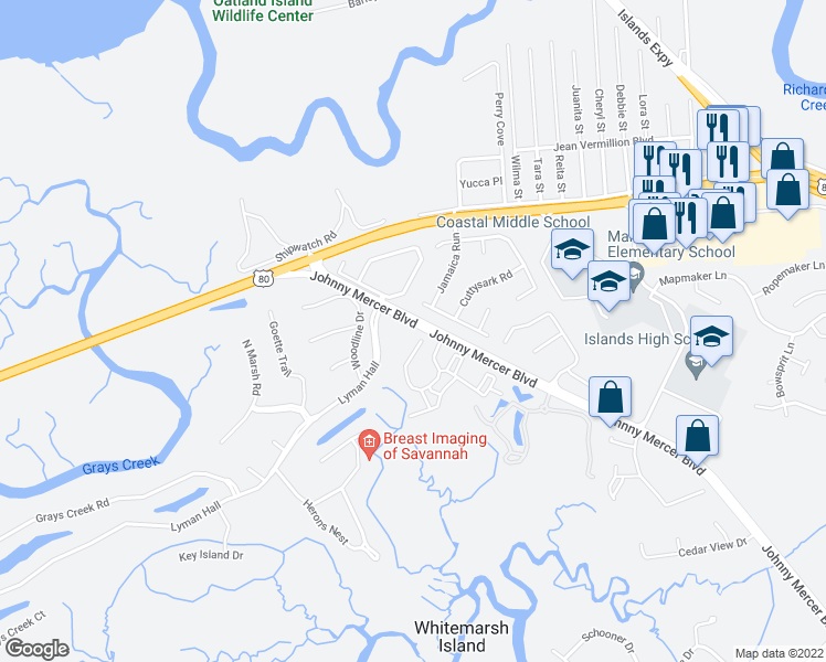 map of restaurants, bars, coffee shops, grocery stores, and more near 3327 Whitemarsh Way in Savannah