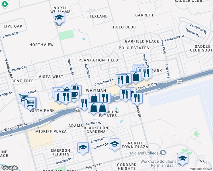 map of restaurants, bars, coffee shops, grocery stores, and more near 2508 Faulkner Dr in Midland