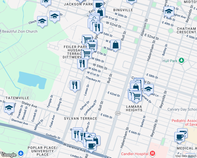 map of restaurants, bars, coffee shops, grocery stores, and more near 4602 Sylvan Drive in Savannah