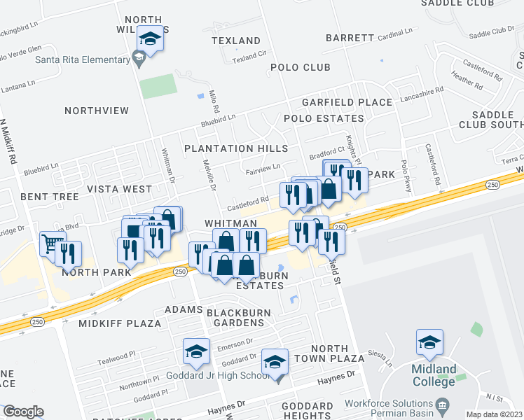 map of restaurants, bars, coffee shops, grocery stores, and more near 2508 Faulkner Drive in Midland