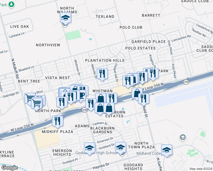 map of restaurants, bars, coffee shops, grocery stores, and more near 4701 Frost Place in Midland