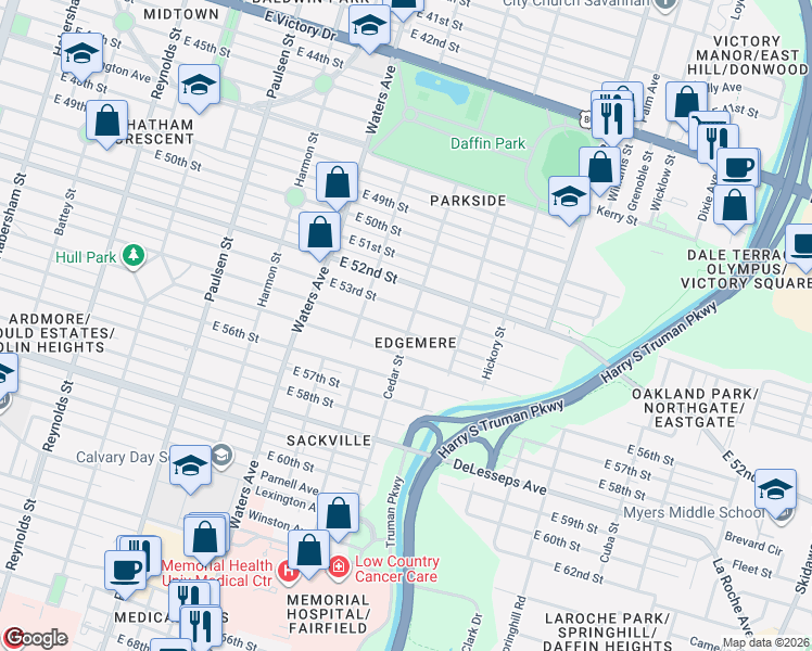map of restaurants, bars, coffee shops, grocery stores, and more near 1226 East 55th Street in Savannah