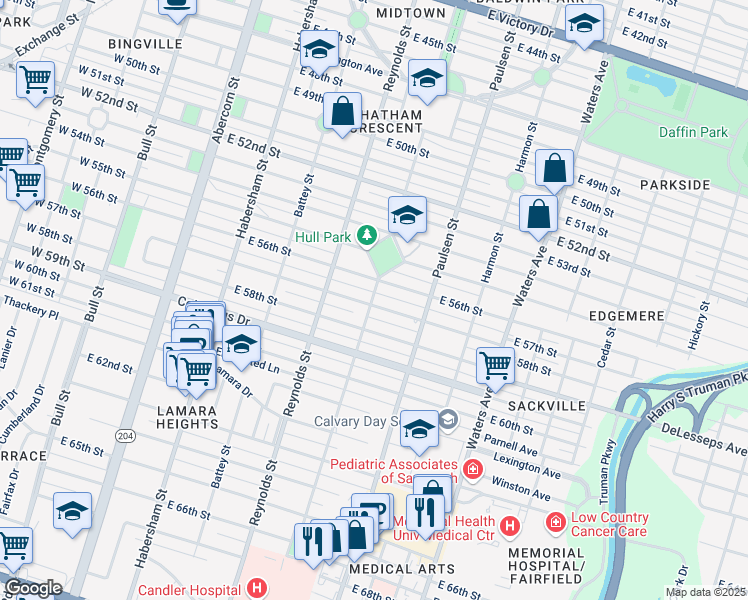 map of restaurants, bars, coffee shops, grocery stores, and more near 416 East 58th Street in Savannah
