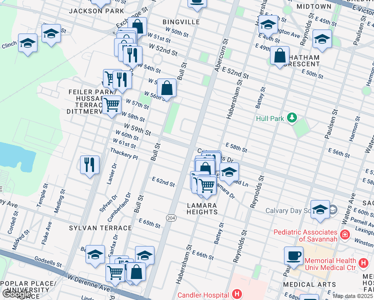 map of restaurants, bars, coffee shops, grocery stores, and more near 45 East 60th Street in Savannah