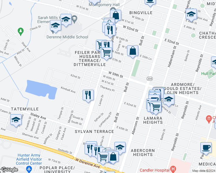 map of restaurants, bars, coffee shops, grocery stores, and more near 4602 Sylvan Drive in Savannah