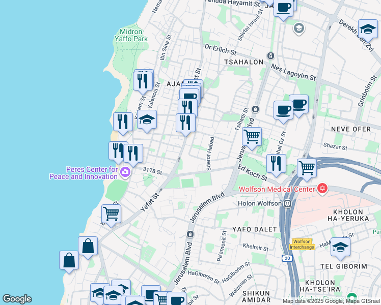 map of restaurants, bars, coffee shops, grocery stores, and more near 23 Katz Ya'akov Yosef Street in Tel Aviv-Yafo