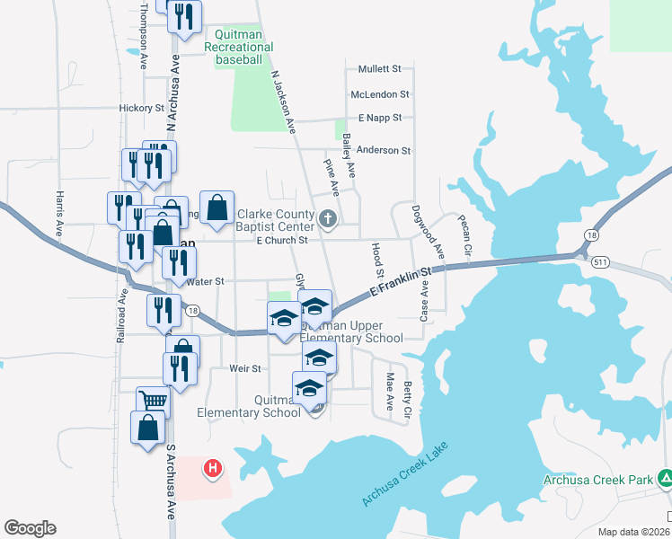 map of restaurants, bars, coffee shops, grocery stores, and more near 100-120 South Jackson Avenue in Quitman