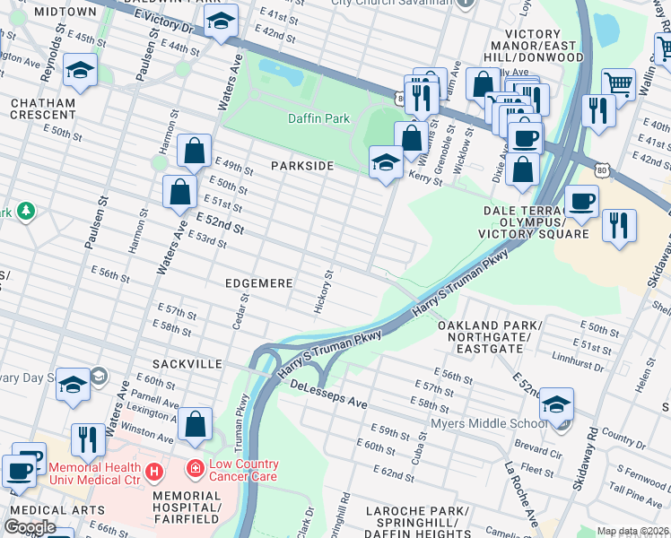 map of restaurants, bars, coffee shops, grocery stores, and more near 1501 East 53rd Street in Savannah