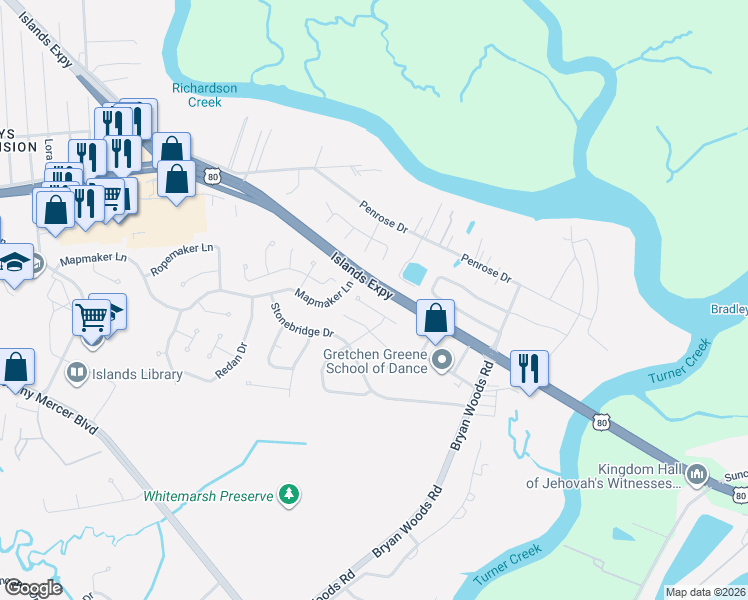map of restaurants, bars, coffee shops, grocery stores, and more near 109 Landward Way in Savannah