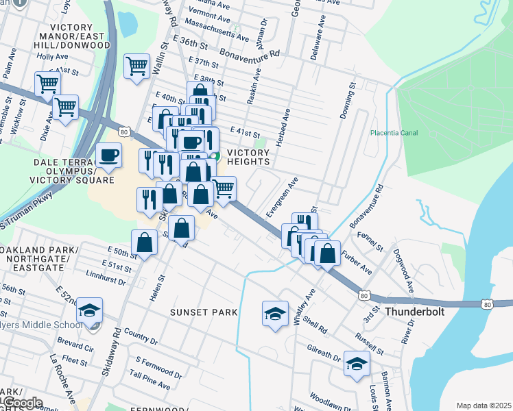map of restaurants, bars, coffee shops, grocery stores, and more near 2237 East Victory Drive in Savannah