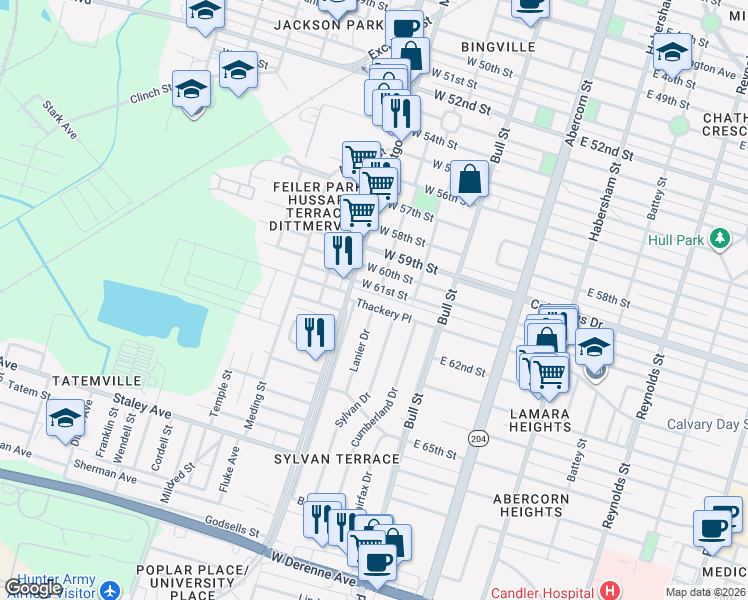 map of restaurants, bars, coffee shops, grocery stores, and more near 4613 Lanier Drive in Savannah