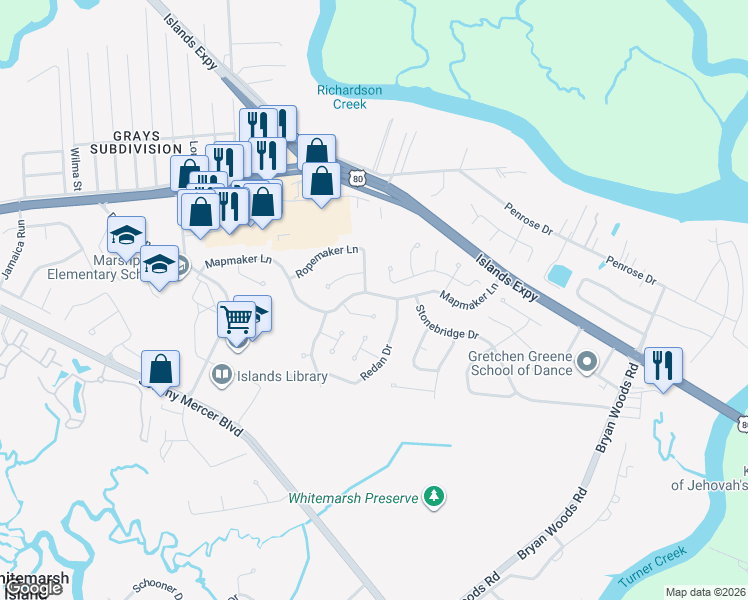 map of restaurants, bars, coffee shops, grocery stores, and more near 116 Mapmaker Cove in Savannah