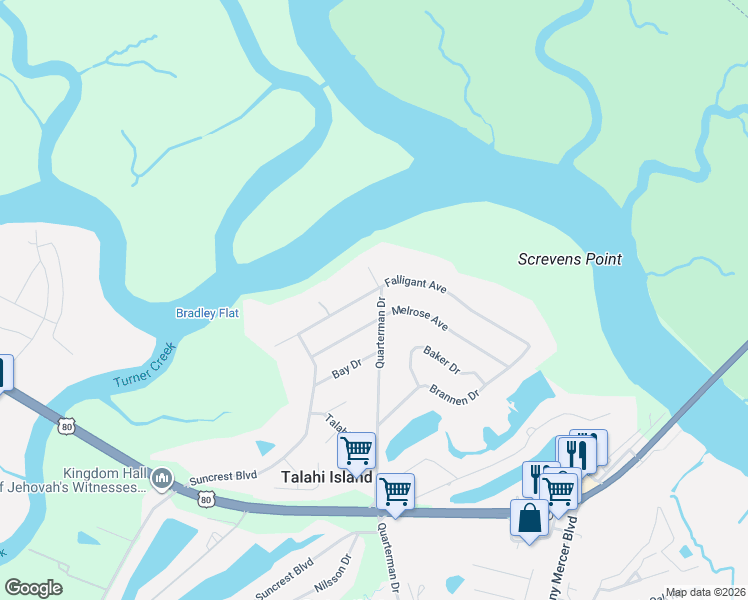 map of restaurants, bars, coffee shops, grocery stores, and more near 55 Falligant Avenue in Savannah